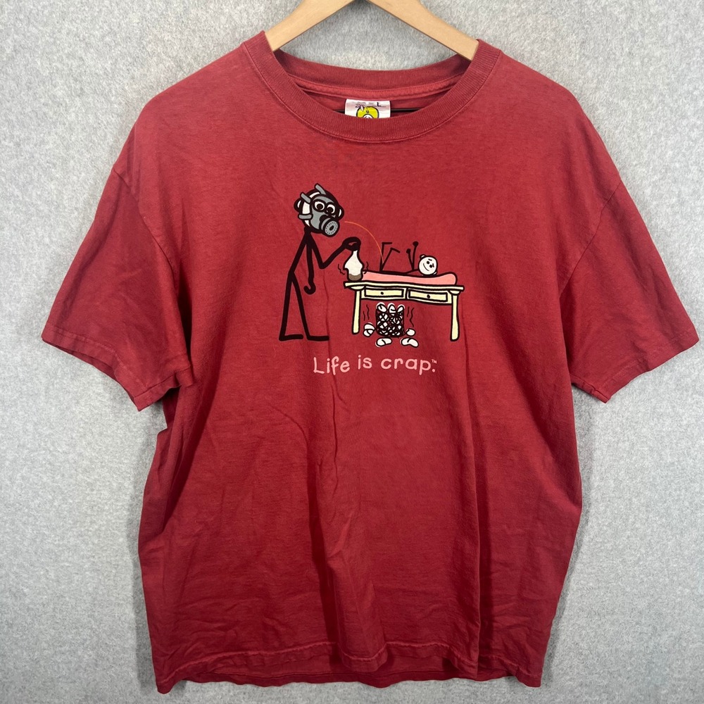 Life is Crap T-Shirt Mens Large Red Graphic Funny Stick Figure‎ EUC